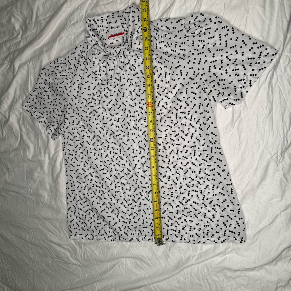 Vintage Judy Bond 70s Blouse White Black Dot Print Bow Neck Secretary Top Large - Picture 7 of 13